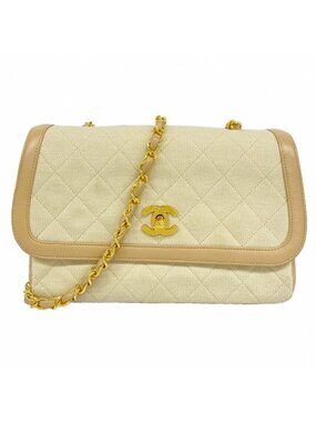 Chanel Shoulder Bag Quilted Cotton Beige Gold